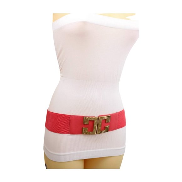 New Women Coral Pink Red Elastic Wide Fashion Belt Gold Metal C Buckle Size S M - Picture 13 of 17